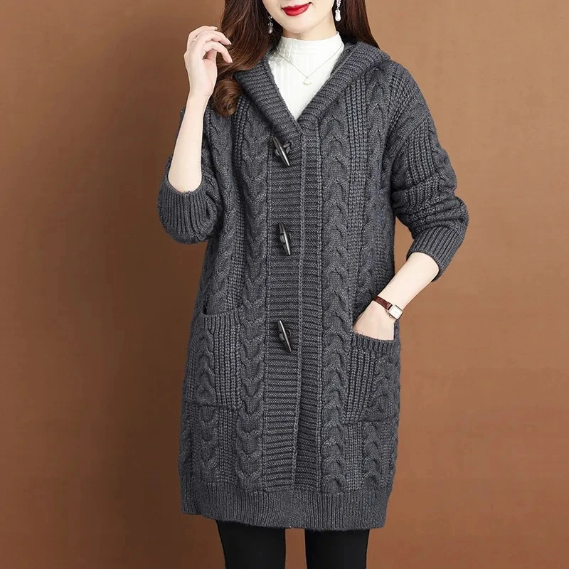 Autumn Winter Thicken Sweaters5XL Large Size Fashion Hooded Knitted Outerwear Womens Cardigan Sweater Knitting Jacket 250108