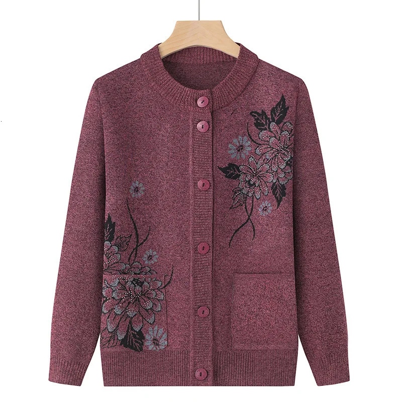 Korean Womens Clothes Knit Woolen Printed Cardigan Coat Middle Aged Mother Knitwear Tops Vintage Grandma Sweater Jacket 250108