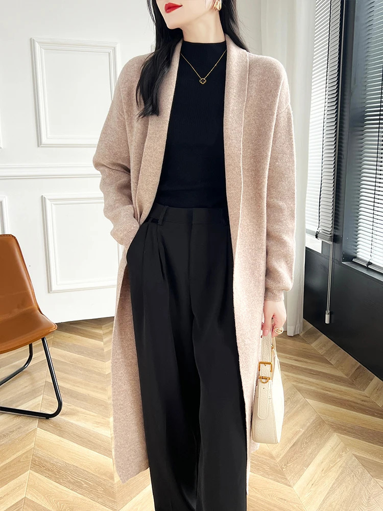 Women Long Cardigan Cashmere Sweater Spring Autumn Winter Office Lady Loose Coat 100% Merino Wool Knitwear Korean Fashion 250106