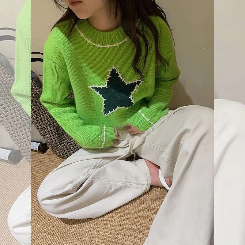 Korean Fashion Star Green Long Sleeve Sweater For Autumn/Winter New Round Neck Loose Casual Knitted Pullover Women Tops