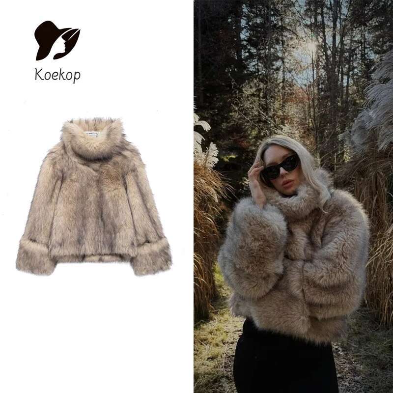 Kop Fashion Faux Fur Effect Pullover Vintage Full Sleeve Autumn And Winter Women's Chic Lady Sweatshirt
