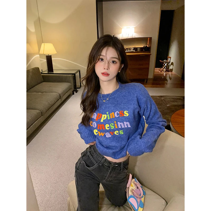 Multicolor Letter ed Pullovers Women Autumn Winter Sweet Fashion Long Sleeve Sweater Casual Allmatch Knitwear Tops 250108