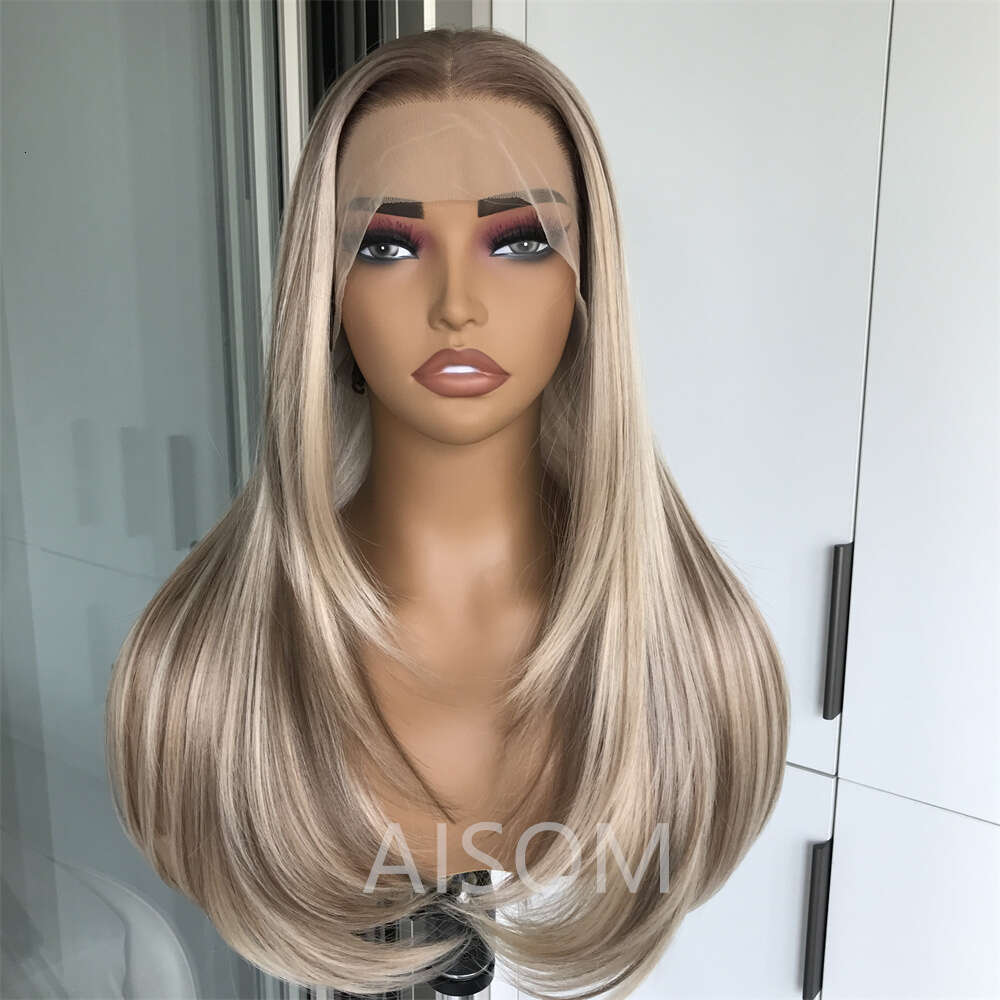 Front Highlight Layered Straight Synthetic Lace Wigs For Women Blonde Mix Brown Colored Wig Pre Plucked