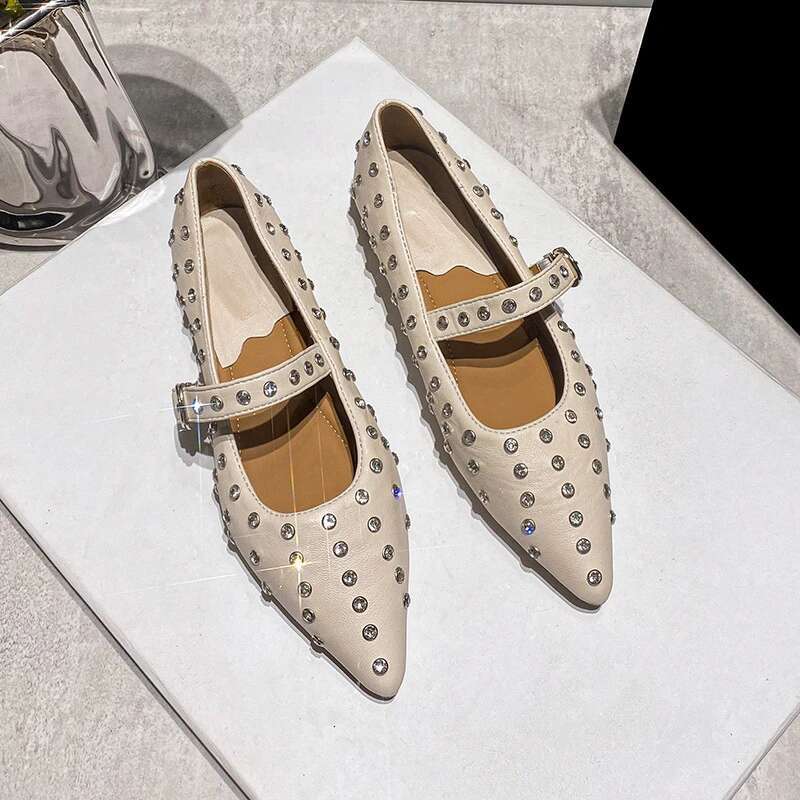 French Retro Riveted Mary Jane Single Spring Autumn Girls Pointed Flat Bottom Sweet Fairy Style Women's Shoes Size 34-43