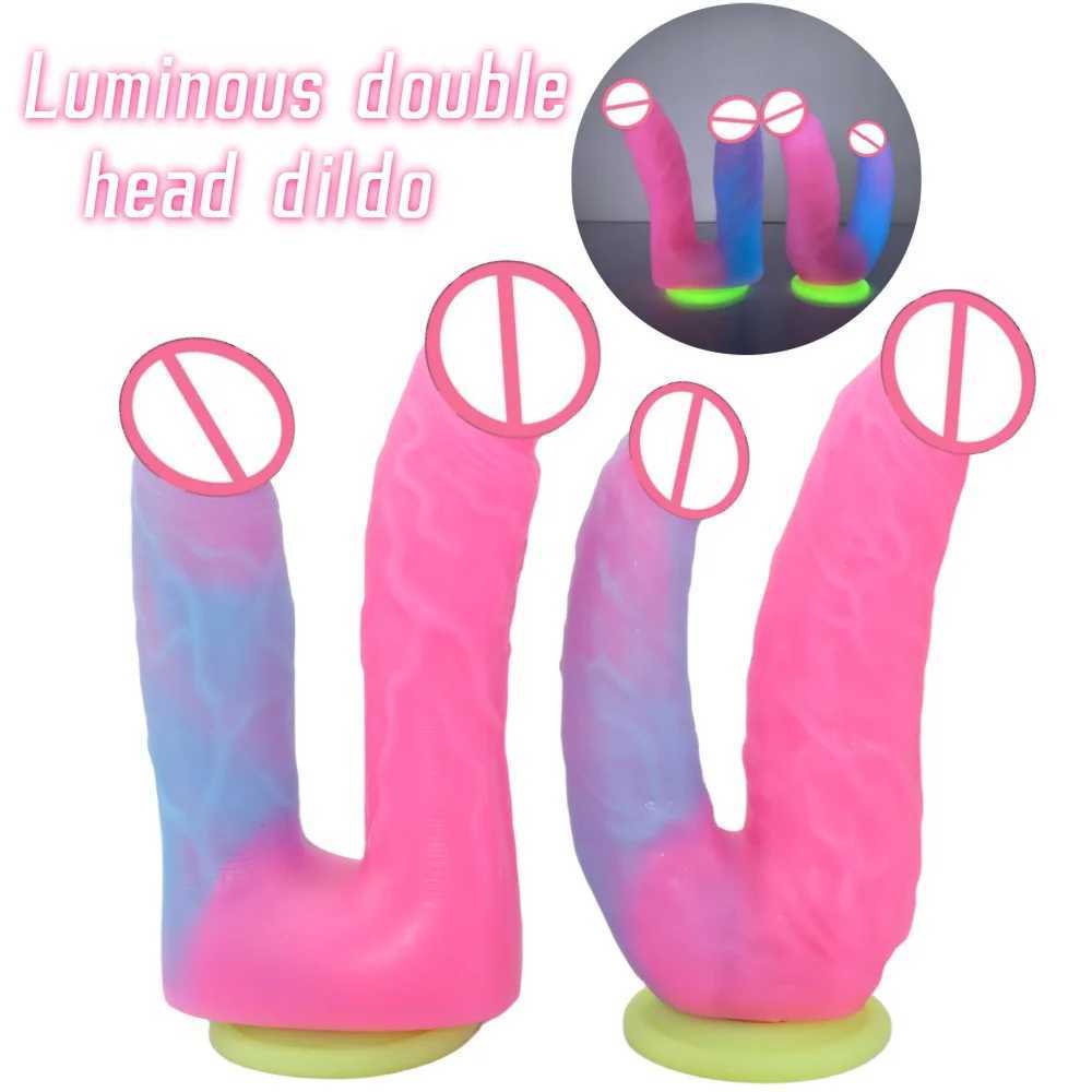 Toys adultes Lumineux Double Head Dildo Silicone Penis Aspiration Sex Toys Lesbienne Masturbateurs érotiques stimulent les godes anal / vagin H25
