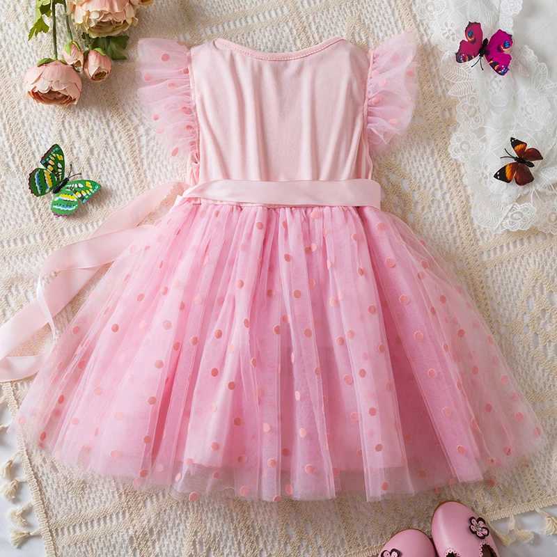 Korean Sweet Dot Mesh Summer Dress Suitable for Girls 2-6Y Childrens Clothing Soft and Comfortable Princess Dress Childrens Clothing W250111
