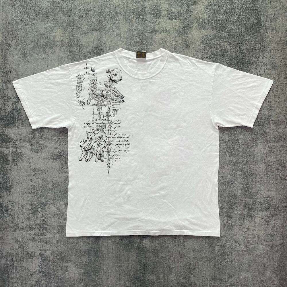 Inspiration Summer New Loose and Versatile Couple Hand drawn Personalized Printed Short Texture Top Half Sleeve