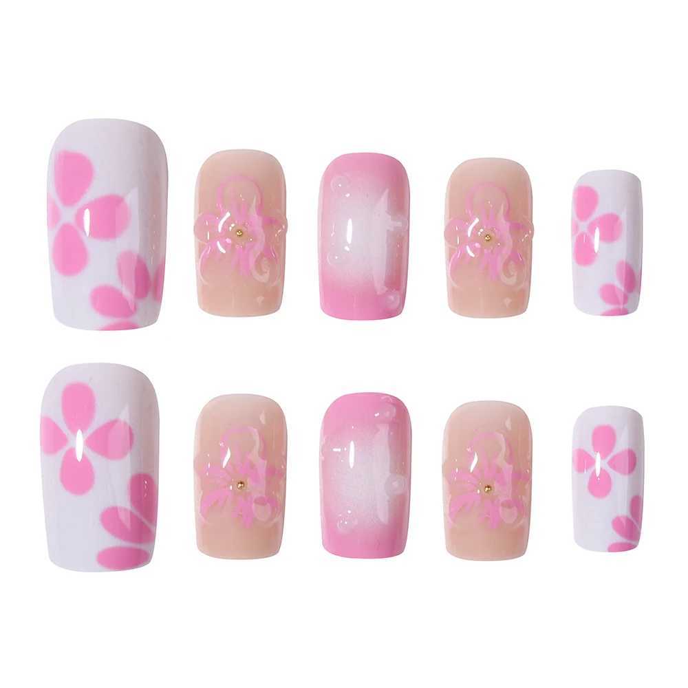 24pcs short and medium false nails square nails colorful painted flowers Water Beads design press on nails removablereusableXJ250110
