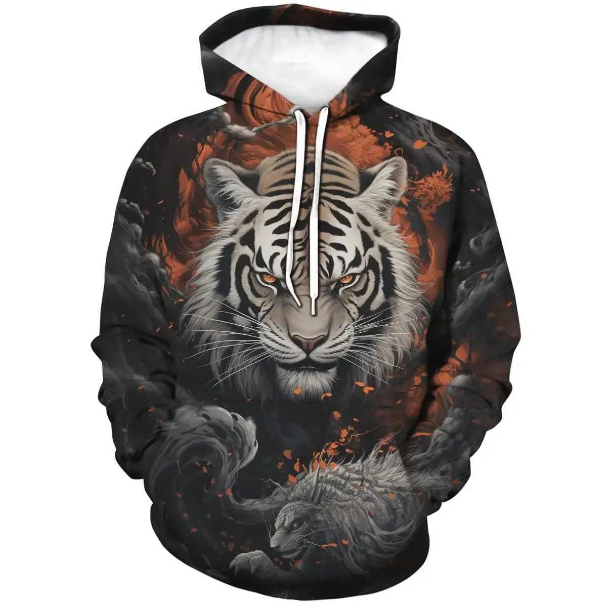 Mens White Tiger Novel Hoodie 3D Realistic Printed Pattern Fashion Sportswear Autumn Womens Fashion Casual Over Pulling W250110