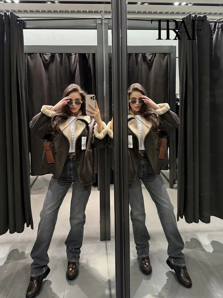 TRAF Womens Fashion Retro Lapel Single Breasted Jacket Khaki Faux Leather Warm Thickened Fluffy Coat 250103