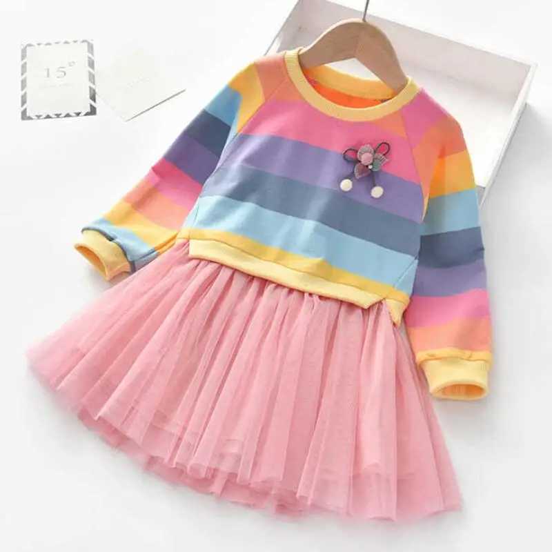 Baby girl dress princess autumn sweater wool Gauze Tutu dress childrens clothing long sleeved rainbow striped dress W250111
