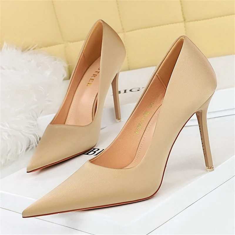 New Arrival BIGTREE Spring Fashion Simple Matching High Heels Ultra Thin High Heels Shallow Mouth Pointed Party Striptease Satin Womens Sngle Shoes T2