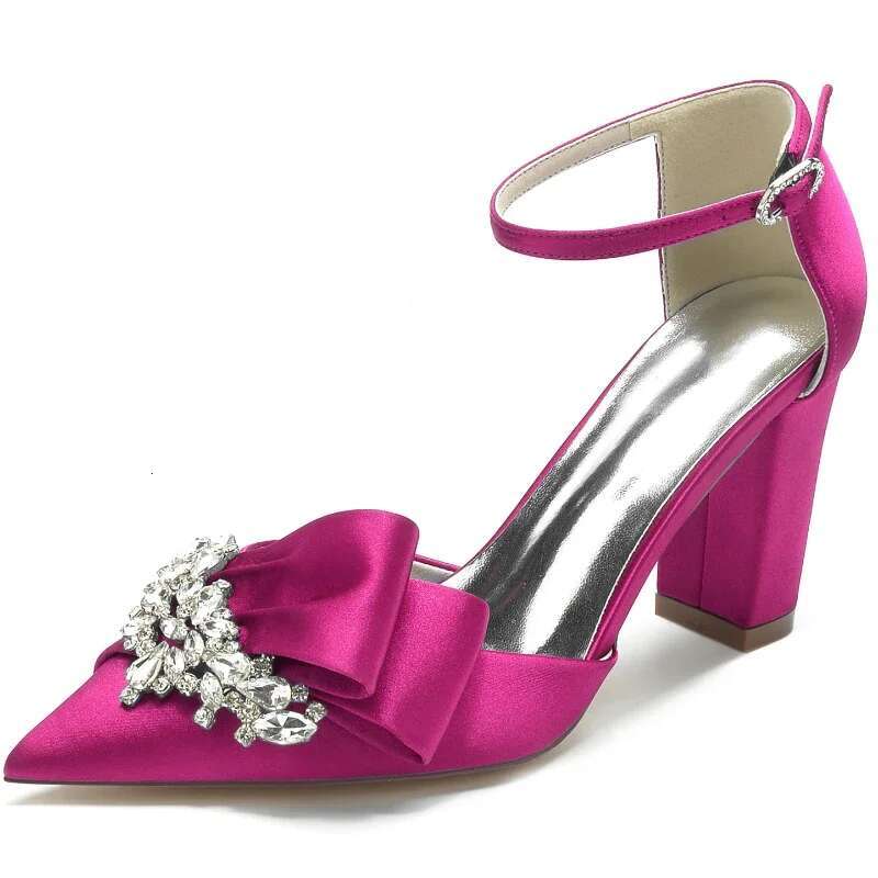 Satin Designer Crystal High Heeled Women Pointed Toe Rhie Chunky Party Dress Fashion Jewel Wedding Shoes