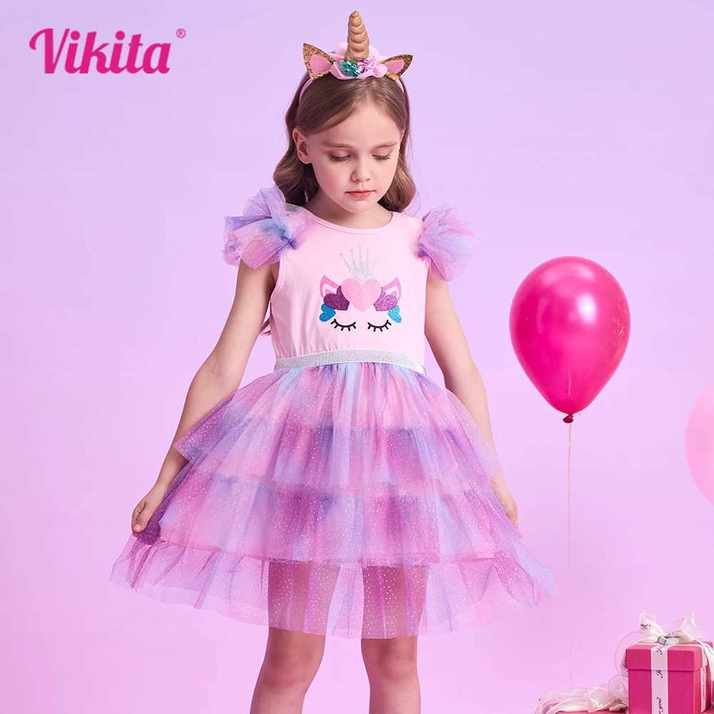 VIKITA girls printed dress childrens summer flame sleeve dress girls layered mesh chiffon Tutu Par dress childrens clothing W250111