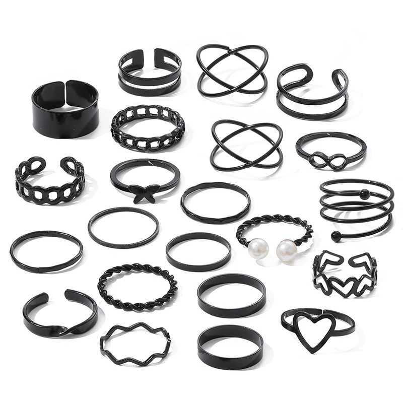 Fashion 22 piece heart-shaped black ring set for women retro geometric cross pearl butterfly finger ring womens fashion party jewelry W250111