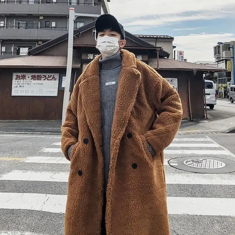 Lamb wool big thickened long coat mens winter particle large size padded jacket Hong Kong style unisex warm windbreaker 250106