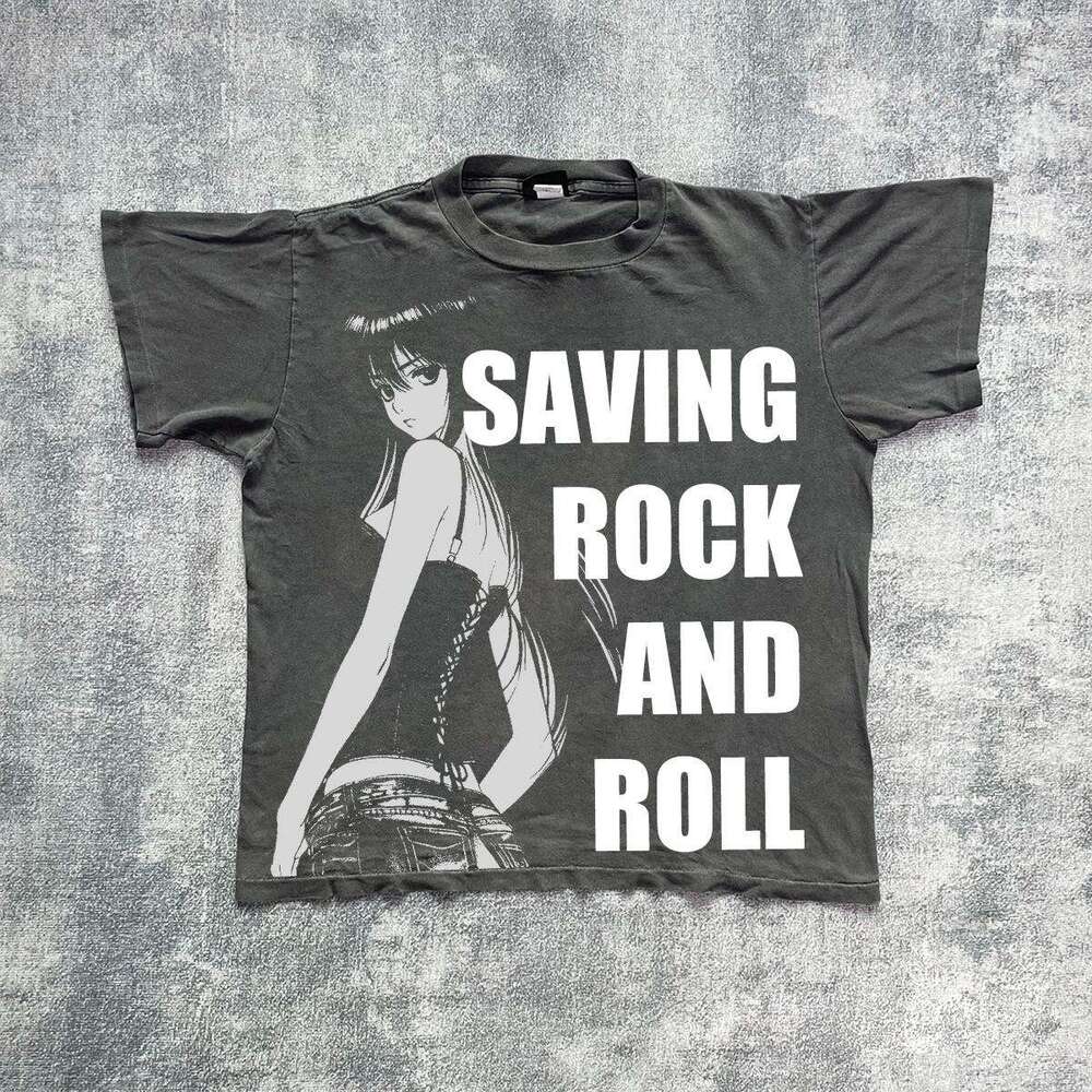 Ins niche anime cartoon design, American style distressed washed printed short sleeved T-shirt, men's and women's loose top