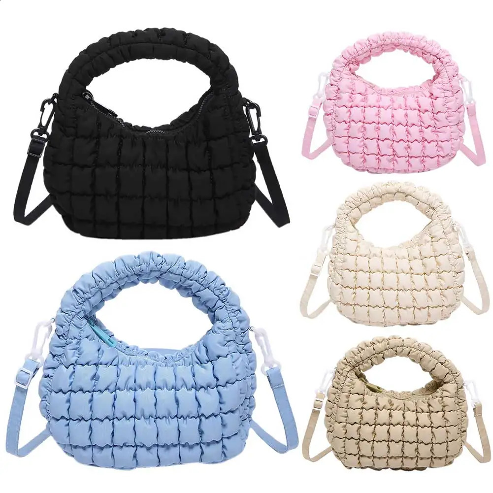 Women Quilted Shoulder Bag Pleated PU Leather Puffer Tote Bag Removable Strap Cloud Bubbles Hobo Cute Pouch for Party Vacation 250106
