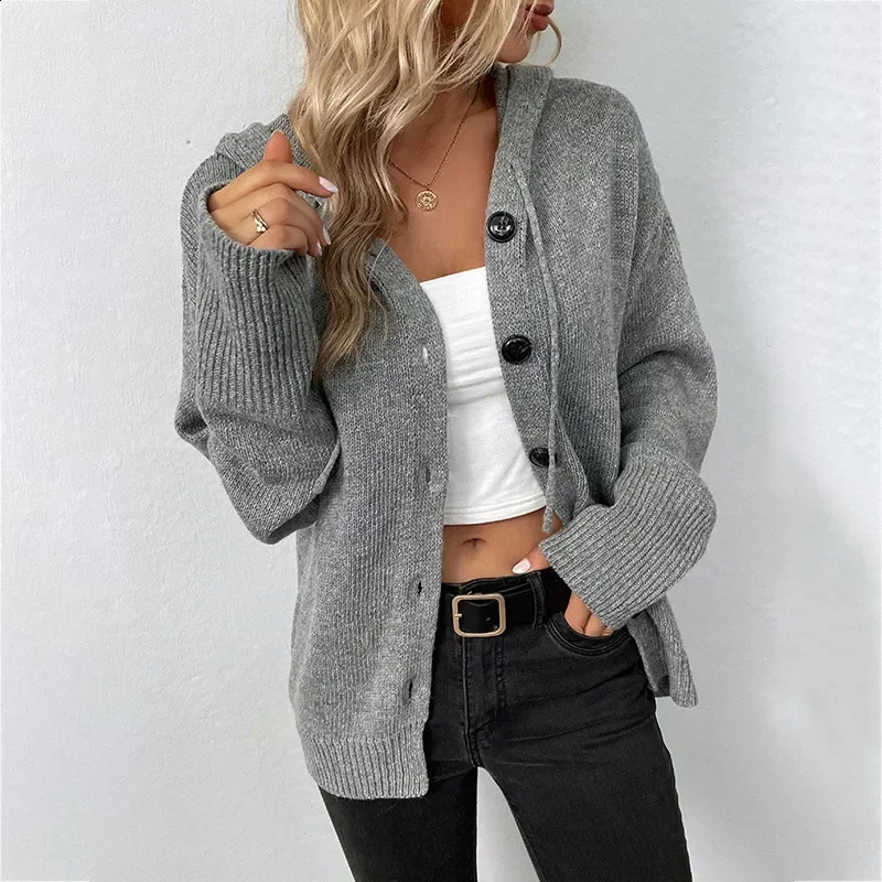 Women Knit Hooded Sweater Coat Single Breasted Thick Cardigan Solid Casual Splice Jumpers Full Sleeve Regular Winter 250106