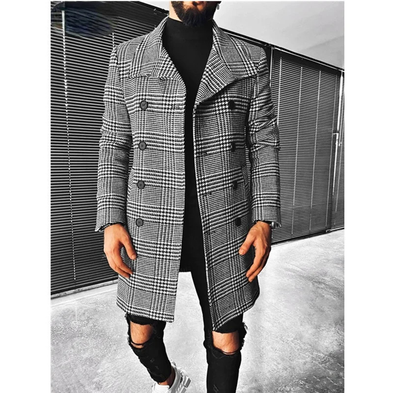Trend Men Coat Autumn Winter Plaid Double Breasted Lapel Midlong Chic Wool Blends 250106