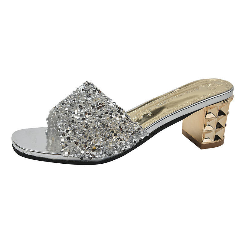 Women Slippers Fashion Coarse Heel Sandals Korean Version Outdoor Wear Trendy Versatile Triple Black Gold Sier NEW Free shipping