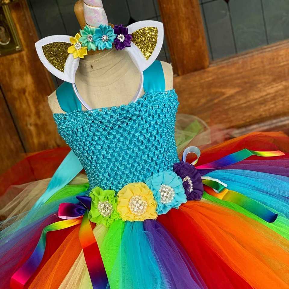 Girl Rainbow Tutu Dress Childrens crochet floral chiffon dress with hair Childrens birthday cosplay Par clothing W250111