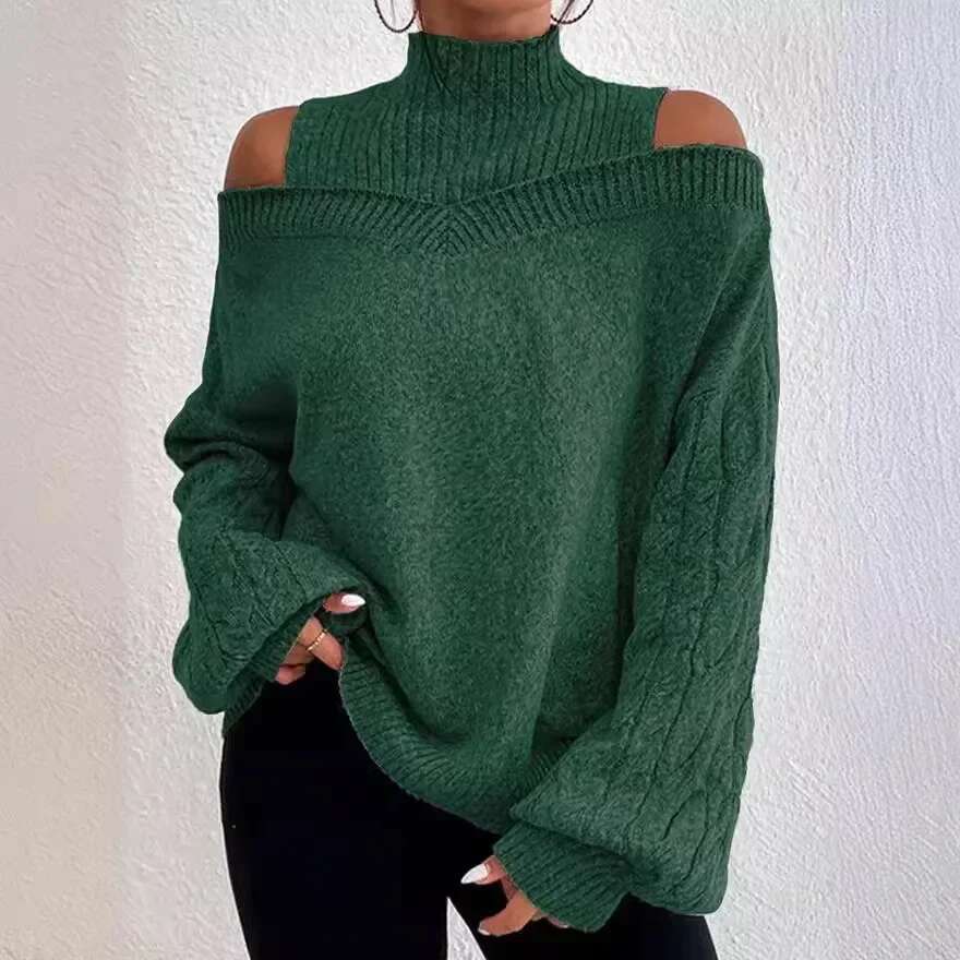 Mandylandy Off Shoulder Sweaters Semi-Turtleneck Jumpers Pullovers Loose Large Long Sleeve Knitted Sweater For Women