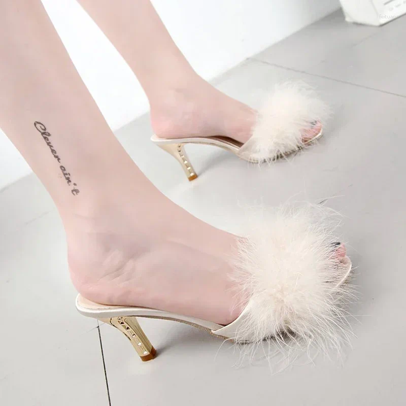 Slippers Women Summer 2025 Fashion Hairy Stiletto Sandals Word Drag Open Toe Wear High Heel