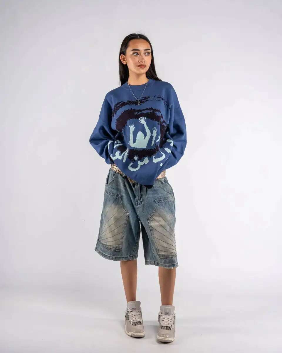 2024 European And American Ins Retro Loose Lazy Style Pullover Printed Knit Sweater Top