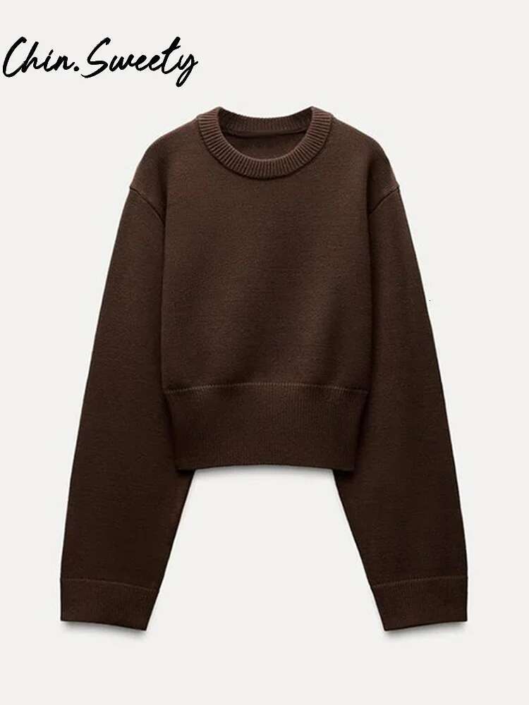 Women's Solid Knitted Crop Sweater Y2k O-Neck Long Sleeve Pleated Female Short Pullover 2025 Spring Lady All-Match Knitwear