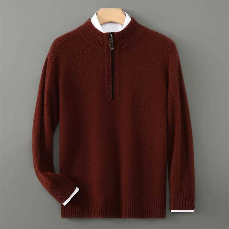 New autumn and winter mens pure wool knitted long sleeved pullover sweater with half high collar and thick zipper for warmth business and fashion W250