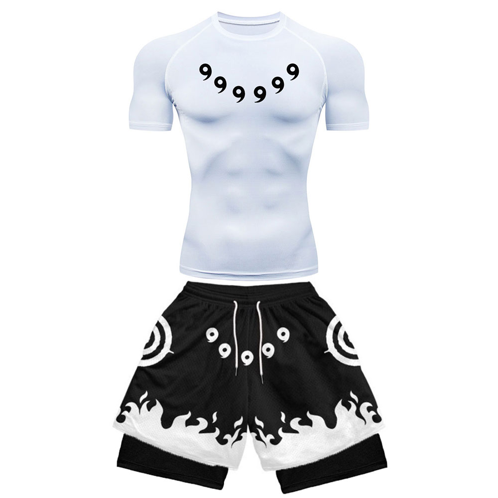 Men's Workout Compression Set Anime Printed Gym Tshirts Breathable Running Shorts Quick Dry Sports Rash Guard Sportwear Set