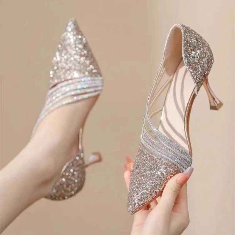 New Arrival Sexy Pointed Toe Champagne Womens High Heels New Shiny Crystal Wedding Bridal Shoes Simple and Elegant Womens Dress Shoes T250110