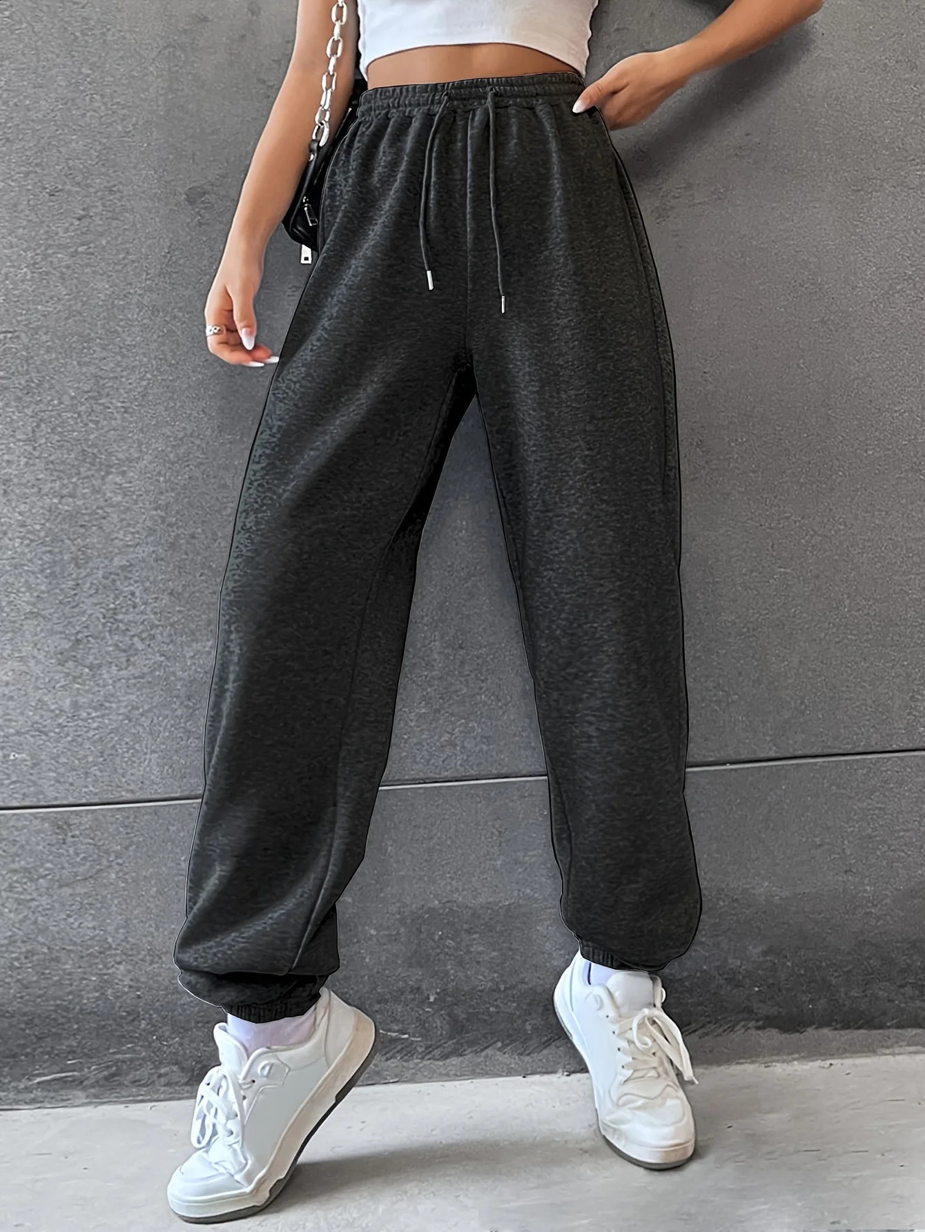 Solid Color Casual Sports Pants Drawstring Elastic Waist Running Jogging Sweatpants Womens Athleisure 250106