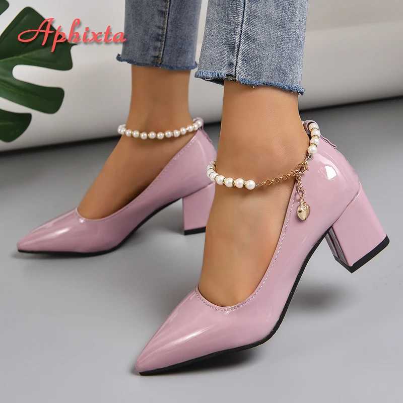 New Arrival Aphixta 5cm 7cm Thick High Heels Womens Pump Crystal Pearl Chain Ankle Lace Casual Shoes Fashion Patent Leather Plus Size 30-50 T250110
