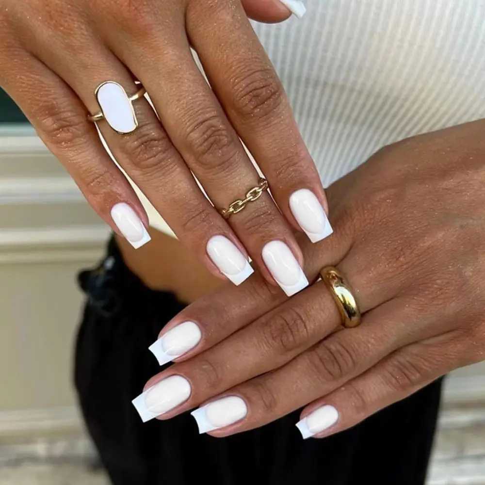 24Pcs/Box Rainbow French False Nails White Heart Pattern Shinny Fake Nials Long Square Nail Tips Full Cover Press on NailsXJ250110