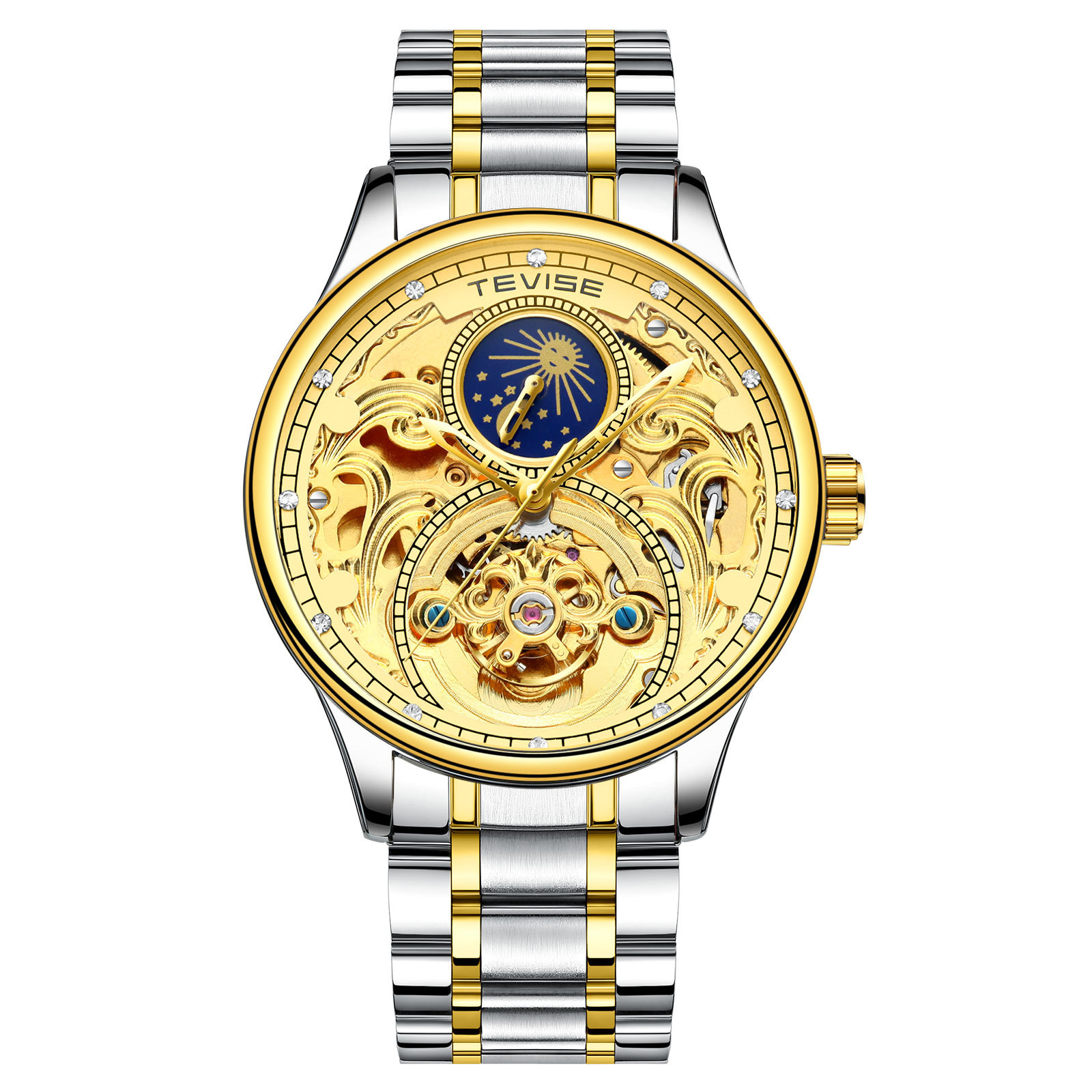 TEVISE Automatic Mechanical Watch Hollowed out Mens Watch with Moon Phase Tourbillon Casual Stainless Steel Strap and Waterproof Function T051-T820A s