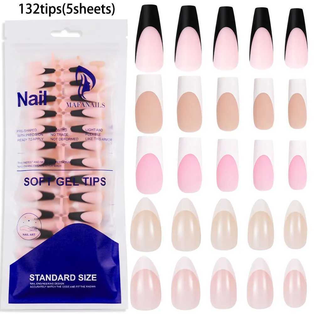 132Pcs Pre-French Gel Tips Soft Gel System Medium Long Almond Square White/Black French Tip Gel Nails 12 Sizes for DIY Manicure*XJ250110
