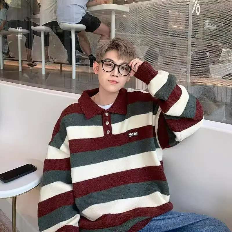 College style polo neck knitted sweater for men and women autumn and winter retro striped lazy style sweater trend Y2K 250109