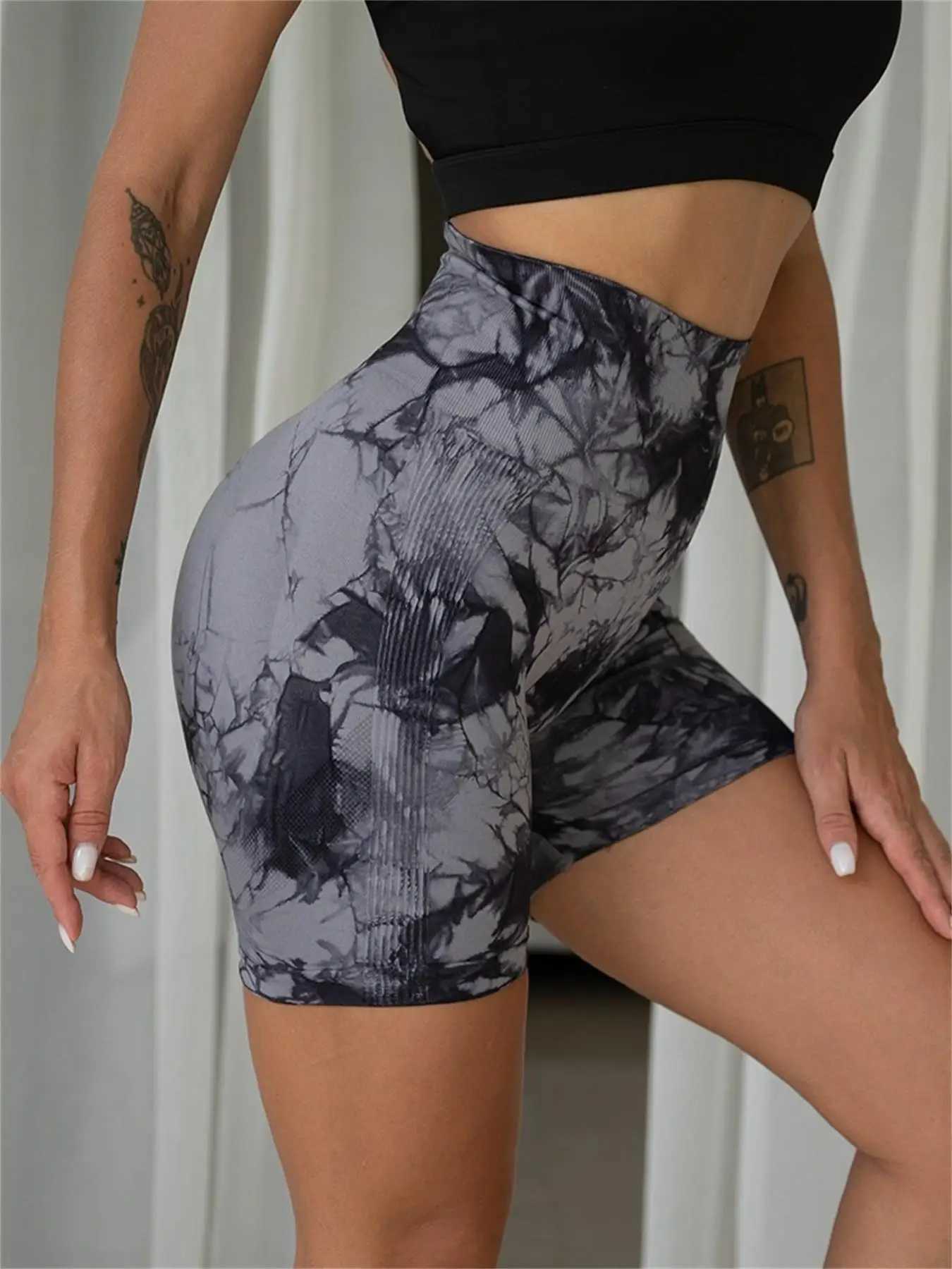 Womens Tie Dye Print Ruched High Waist Sports Shorts Casual Comfy Breathable Seamless Skinny Shorts for Yoga Gym WorkoutXJ250111