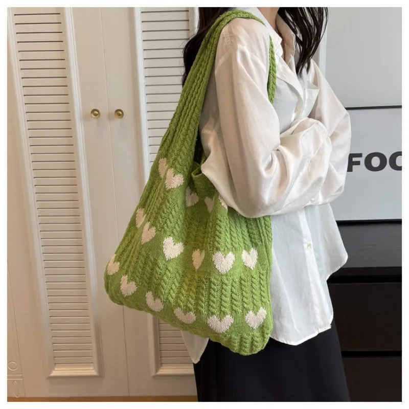 Single Shoulder Bags Fashionable Solid Color with Heart Shaped Womens Knitted Tote High Capacity Portable Shopping Bag 250107