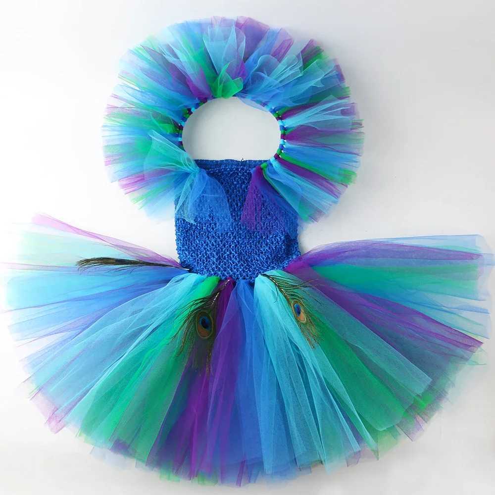 Girl Peacock Tutu Dress with Flower Feather Headband Fancy Peacock Princess Costume Childrens Halloween Carnival Par Purim Dress W250111