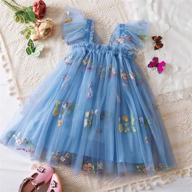 0-5 year girls summer butterfly dress new fly sleeve mesh princess dress baby girls floral embroidery clothing W250111