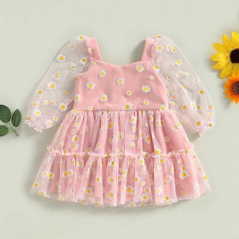 0-3 year old toddler baby girl Tutu Princess A-Line dress cute daisy print autumn long sleeved lace pleated mesh chiffon Par dress W250111