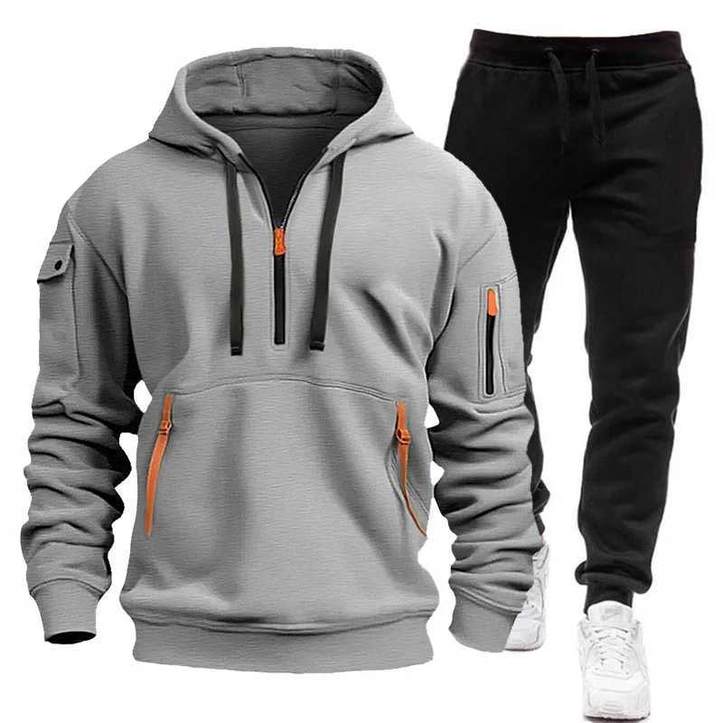 Official website Spring and Autumn mens two-piece hooded sweatshirt with zipper multi pocket zipper mens sportswear W250110