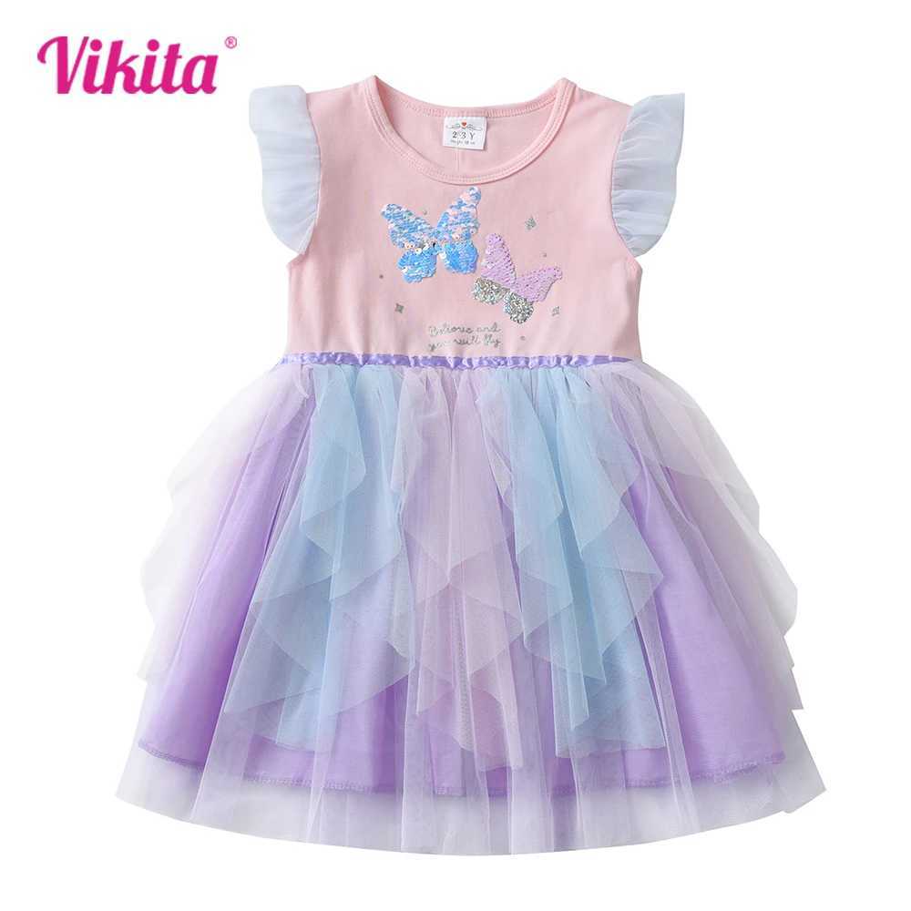 Vegeta girls summer dress childrens butterfly sequin dress girls flame sleeves irregular grid chiffon picture layered princess dress W250111