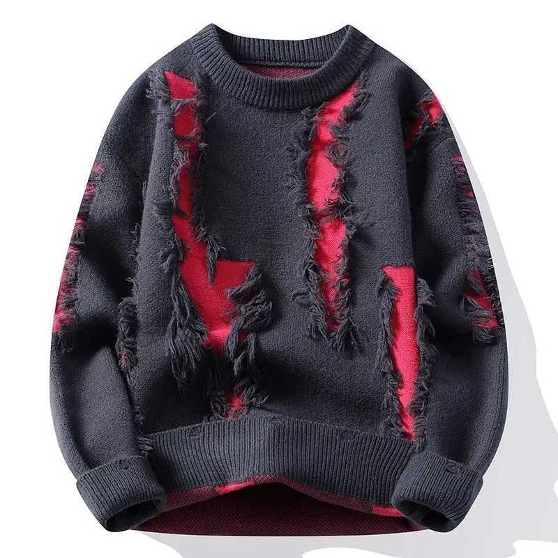 Y2K color matching personalized hole sweater mens thick autumn and winter new loose warm jacket suitable for students and teenagers W250110