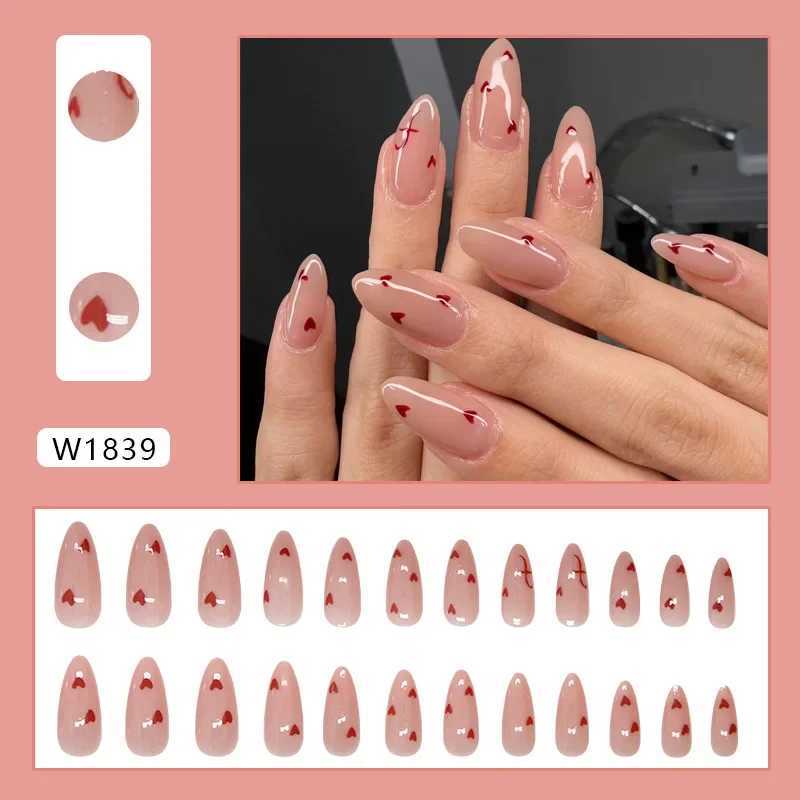24Pcs Valentine Nude Pink Press-On Nails with Heart Patterns Glossy Almond Shape Sweety False Nails for Women Girls Daily NailsXJ250110