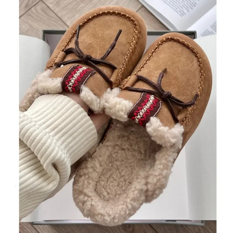 Bow Suede Platform Fur Slippers Women Flats Warm Mules Shoes Plush Cotton Flip Flops 2025 Winter Casual Fashion Women Shoes 250106