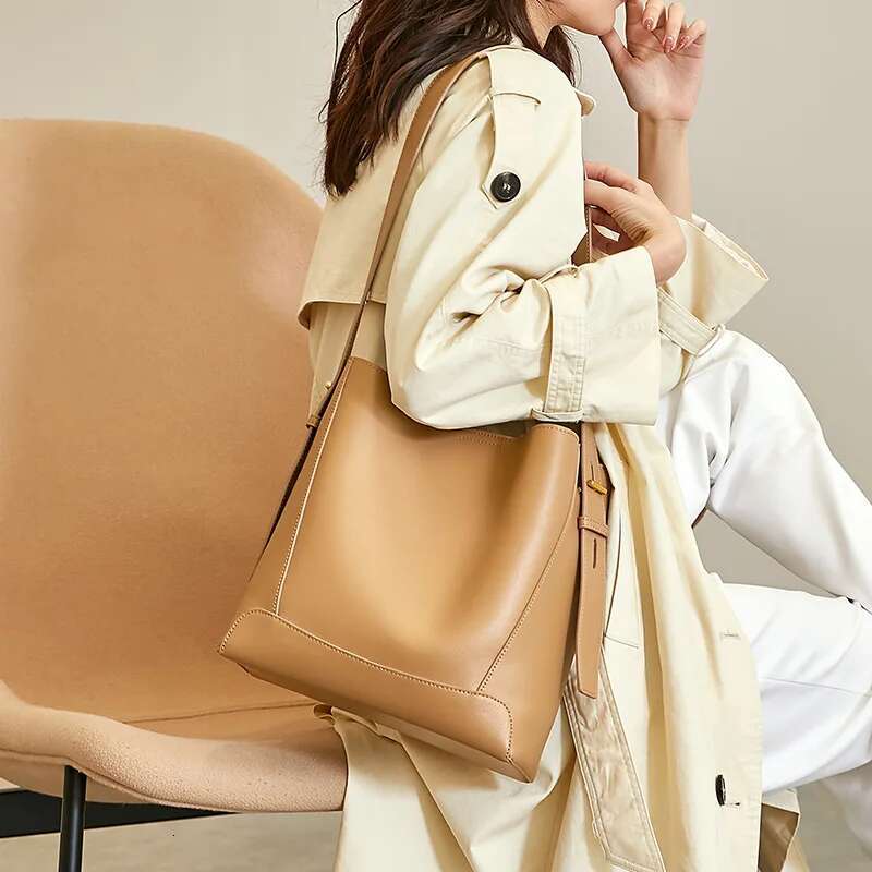 High Quality Women Bucket Solid Bag Split Leather Lady Handbag One-Shoulder Messenger Girl Commute Tote High-Capacity